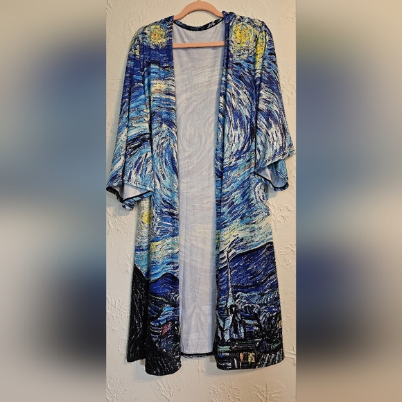 Unknown Sweaters - Van Gogh Starry Night Kimono Depiction Liquid Knit 4XL